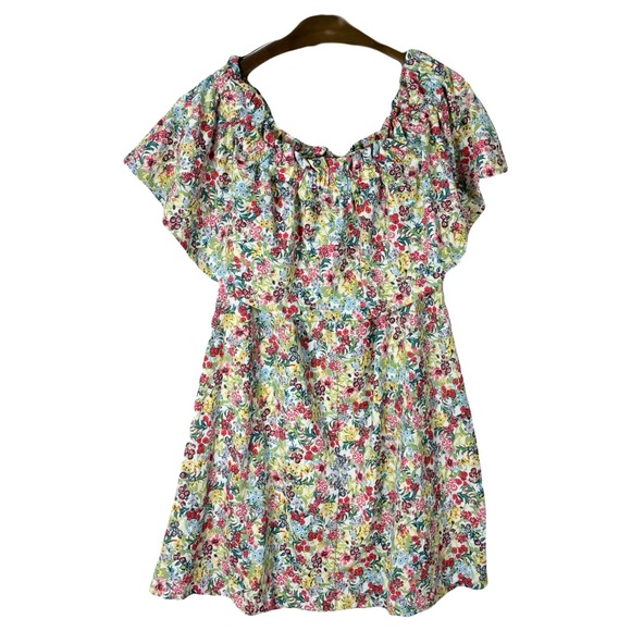 Nwot H&M Mini Off Shoulder Dress XL Multicolor Floral Cotton Blend - Picture 1 of 7